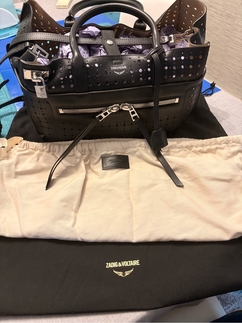 Zadig & Voltaire Black Perforated candide large with Silver Hardware
